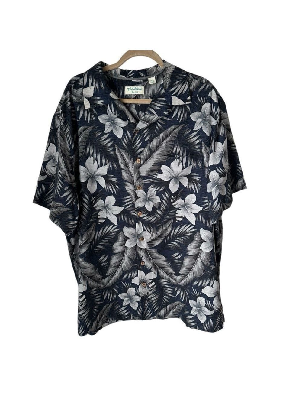 Caribbean Pure Silk Navy Blue Hawaiian Floral Print Men’s Short Sleeve Shirt XLT